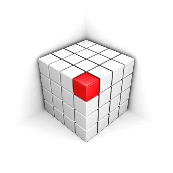 Red cube out from white group structure — Stock Photo, Image