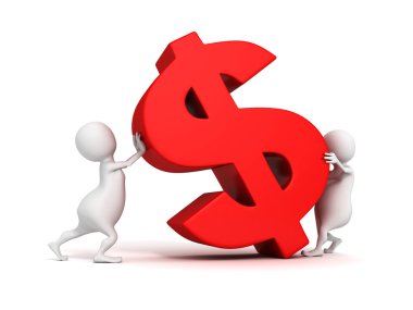 3D insanlar kırmızı dolar para birimi simgesi kadar büyür