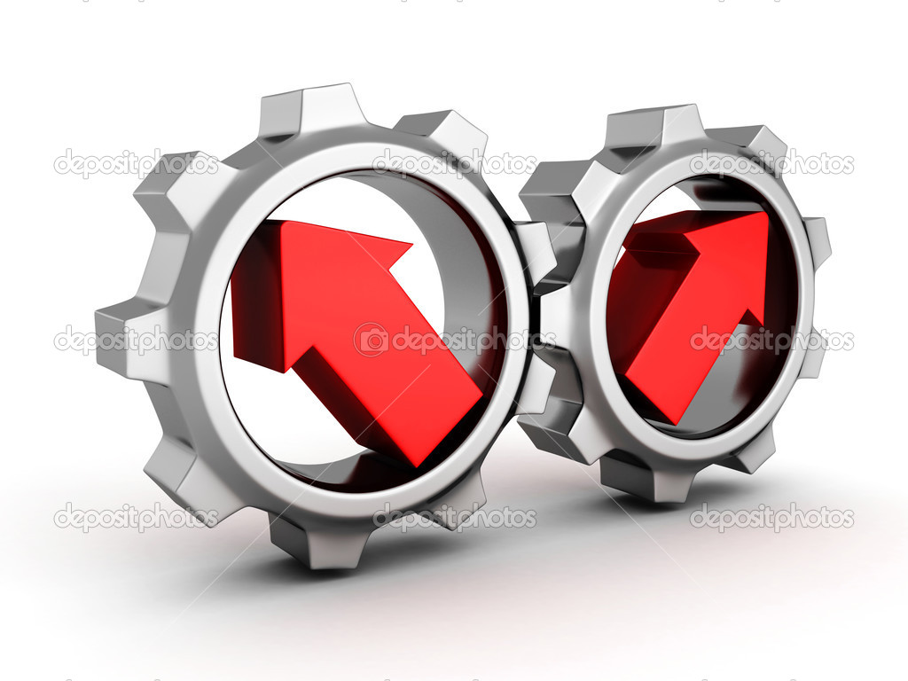 Two chrome cogwheel gears with arrows
