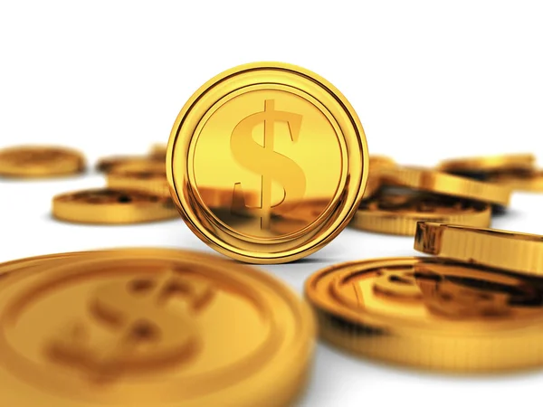 Many golden dollar currency coins — Stock Photo, Image