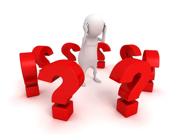 3d man surrounded question marks — Stock Photo, Image