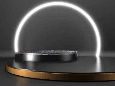 Karanlık arka planda siyah podyum. Gerçekçi karanlık platform. 3d hazırlayıcı