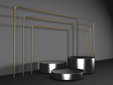 Karanlık arka planda siyah podyum. Gerçekçi karanlık platform. 3d hazırlayıcı