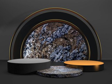 Karanlık arka planda siyah podyum. Gerçekçi karanlık platform. 3d hazırlayıcı