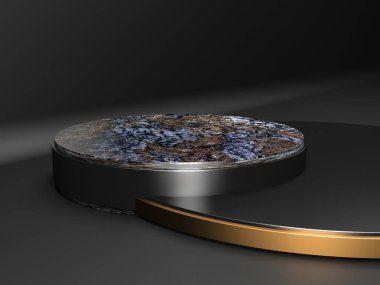 Karanlık arka planda siyah podyum. Gerçekçi karanlık platform. 3d hazırlayıcı