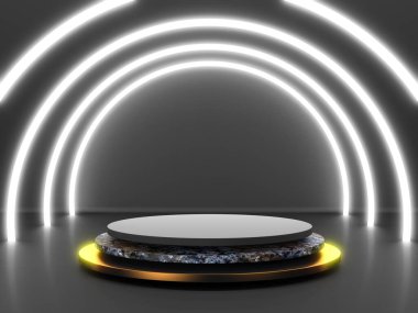 Karanlık arka planda siyah podyum. Gerçekçi karanlık platform. 3d hazırlayıcı