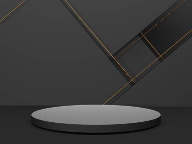Karanlık arka planda siyah podyum. Gerçekçi karanlık platform. 3d hazırlayıcı