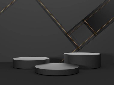 Karanlık arka planda siyah podyum. Gerçekçi karanlık platform. 3d hazırlayıcı