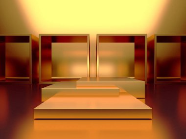 Altın lüks kaide ya da boş podyum. Güzel, zarif bir arka plan. 3d hazırlayıcı