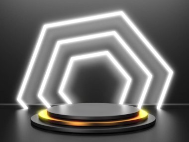 Karanlık arka planda siyah podyum. Gerçekçi karanlık platform. 3d hazırlayıcı