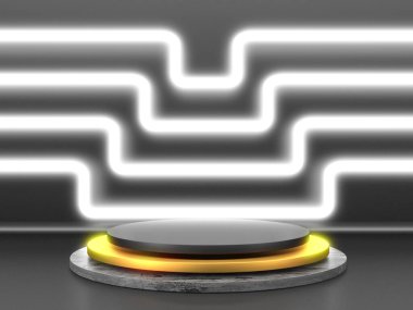 Karanlık arka planda siyah podyum. Gerçekçi karanlık platform. 3d hazırlayıcı