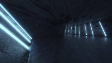 Beton Döşeme Odasında Parlayan Neon Metro Işıkları. Büyük Salon Neon Lazer Hatları Fütüristik İç döşeme. 3d Görüntüleme