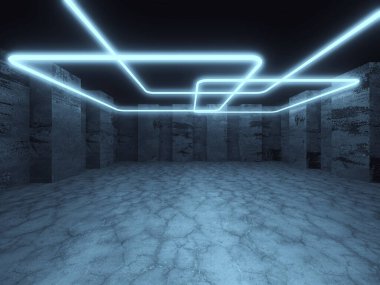 Beton Döşeme Odasında Parlayan Neon Metro Işıkları. Büyük Salon Neon Lazer Hatları Fütüristik İç döşeme. 3d Görüntüleme