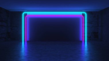 Gelecekçi Neon Parlayan Tasarım Mimarisi. Soyut Boş Karanlık İç Arkaplan. 3d Görüntüleme