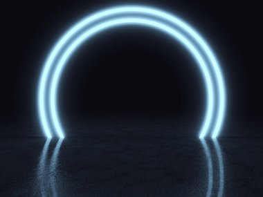 Gelecekçi Neon Parlayan Tasarım Mimarisi. Soyut Boş Karanlık İç Arkaplan. 3d Görüntüleme