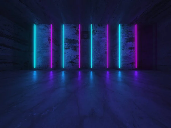 Neon Tube Lights Glowing Concrete Floor Room Big Hall Neon — Stock Photo, Image