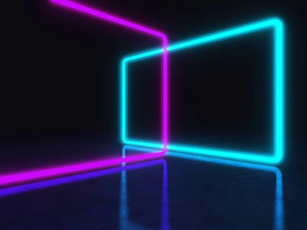Neon Tube Lights Glödande Betonggolv Rum Big Hall Neon Laser — Stockfoto