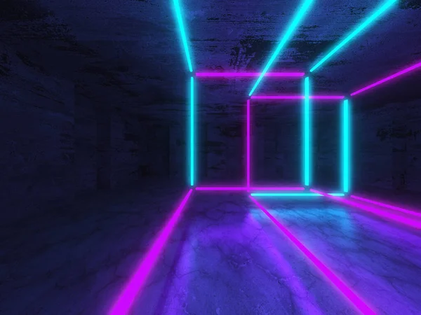 Неоновые Лампы Трубы Светятся Бетонной Комнате Большой Зал Neon Laser — стоковое фото
