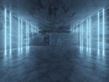 Beton Döşeme Odasında Parlayan Neon Metro Işıkları. Büyük Salon Neon Lazer Hatları Fütüristik İç döşeme. 3d Görüntüleme