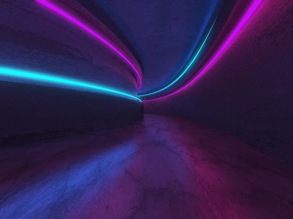 コンクリートの床に輝くネオンチューブライト ビッグホールネオンレーザーラインビーム未来的なインテリア 3Dレンダリングイラスト — ストック写真