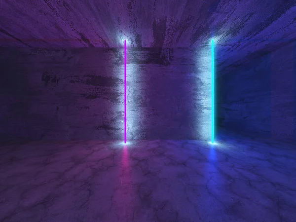 Neon Tube Lights Glowing Concrete Floor Room Big Hall Neon — Stockfoto