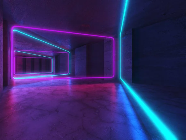Неоновые Лампы Трубы Светятся Бетонной Комнате Большой Зал Neon Laser — стоковое фото