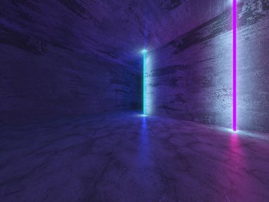 Gelecekçi Neon Parlayan Tasarım Mimarisi. Soyut Boş Karanlık İç Arkaplan. 3d Görüntüleme
