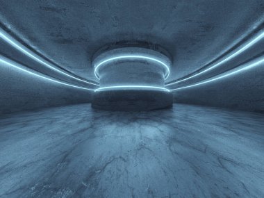 Gelecekçi Neon Parlayan Tasarım Mimarisi. Soyut Boş Karanlık İç Arkaplan. 3d Görüntüleme