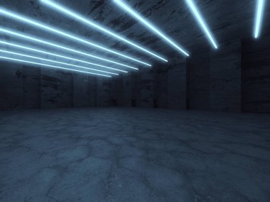 Beton Döşeme Odasında Parlayan Neon Metro Işıkları. Büyük Salon Neon Lazer Hatları Fütüristik İç döşeme. 3d Görüntüleme