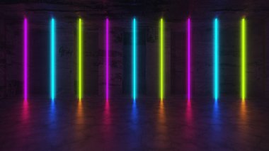 Gelecekçi Neon Parlayan Tasarım Mimarisi. Soyut Boş Karanlık İç Arkaplan. 3d Görüntüleme