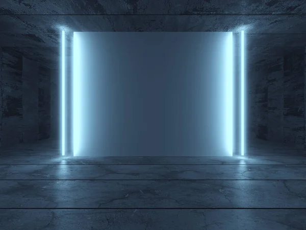 霓虹灯在混凝土楼面的房间里闪耀 大殿霓虹灯激光线波束未来主义内部 3D渲染说明 — 图库照片