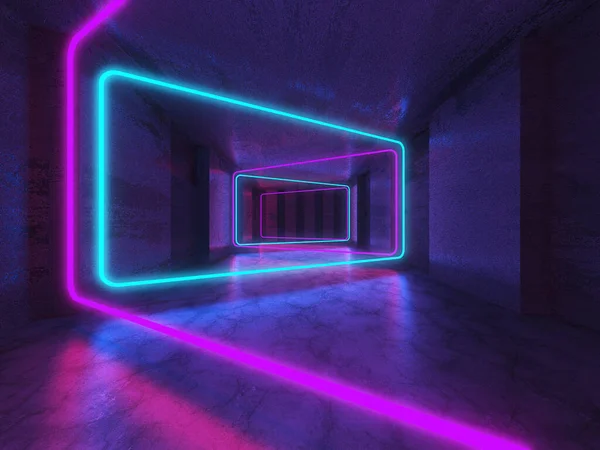 Neon Tube Lights Glowing Concrete Floor Room Big Hall Neon — Stockfoto