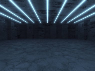 Beton Döşeme Odasında Parlayan Neon Metro Işıkları. Büyük Salon Neon Lazer Hatları Fütüristik İç döşeme. 3d Görüntüleme