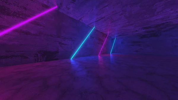 Neon Tube Lights Glowing Concrete Floor Room Big Hall Neon — Stockfoto