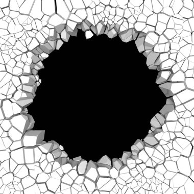 Ortasında bir delik olan kırık bir beyaz duvar. Çatlak yüzey. 3d resimleme