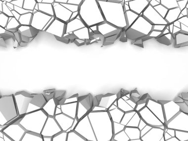 Ortasında serbest alan olan bir patlayıcı duvar. Kara yıkım, beyaz taş duvarda delik açtı. 3d resimleme