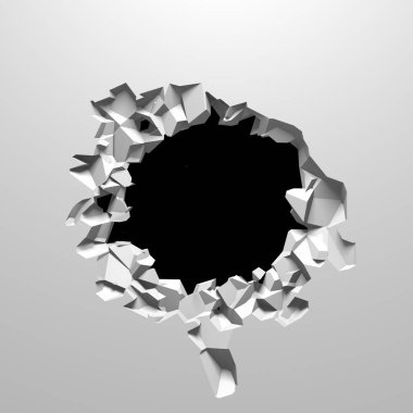 Ortasında bir delik olan kırık bir beyaz duvar. Çatlak yüzey. 3d resimleme