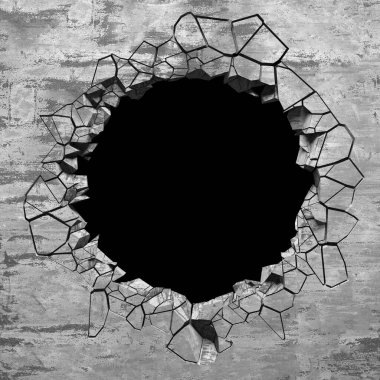 Patlama, beton duvardaki kurşun deliği tahribatı. Duvarda çatlak bir delik var. Grunge 'un geçmişi. 3d resimleme