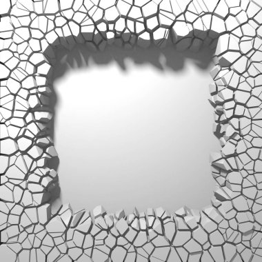 Ortasında serbest alan olan bir patlayıcı duvar. Kara yıkım, beyaz taş duvarda delik açtı. 3d resimleme