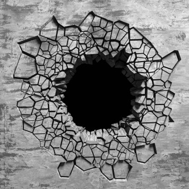 Patlama, beton duvardaki kurşun deliği tahribatı. Duvarda çatlak bir delik var. Grunge 'un geçmişi. 3d resimleme