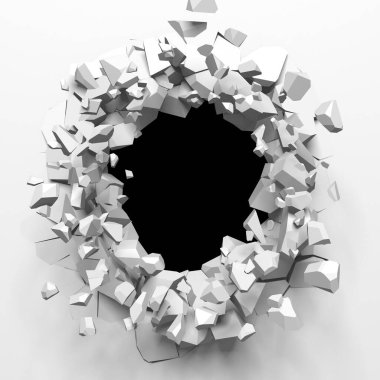 Ortasında serbest alan olan bir patlayıcı duvar. Kara yıkım, beyaz taş duvarda delik açtı. 3d resimleme