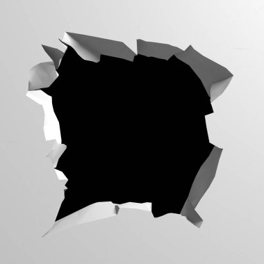 Ortasında serbest alan olan bir patlayıcı duvar. Kara yıkım, beyaz taş duvarda delik açtı. 3d resimleme