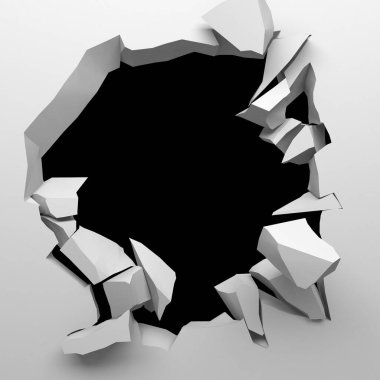 Ortasında serbest alan olan bir patlayıcı duvar. Kara yıkım, beyaz taş duvarda delik açtı. 3d resimleme