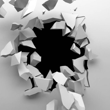 Ortasında bir delik olan kırık bir beyaz duvar. Çatlak yüzey. 3d resimleme