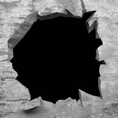 Patlama, beton duvardaki kurşun deliği tahribatı. Duvarda çatlak bir delik var. Grunge 'un geçmişi. 3d resimleme