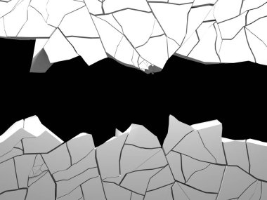 Ortasında serbest alan olan bir patlayıcı duvar. Kara yıkım, beyaz taş duvarda delik açtı. 3d resimleme