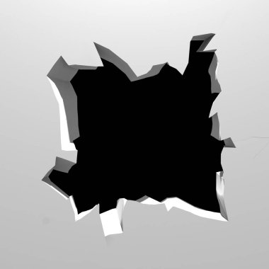 Ortasında bir delik olan kırık bir beyaz duvar. Çatlak yüzey. 3d resimleme