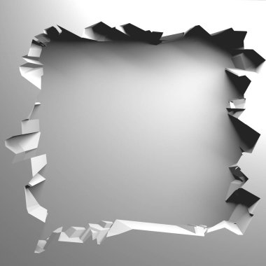 Ortasında bir delik olan kırık bir beyaz duvar. Çatlak yüzey. 3d resimleme