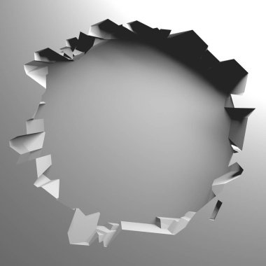 Ortasında bir delik olan kırık bir beyaz duvar. Çatlak yüzey. 3d resimleme