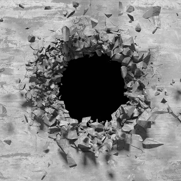 Esplosione Rotto Muro Cemento Distruzione Foro Proiettile Buco Scuro Incrinato — Foto Stock